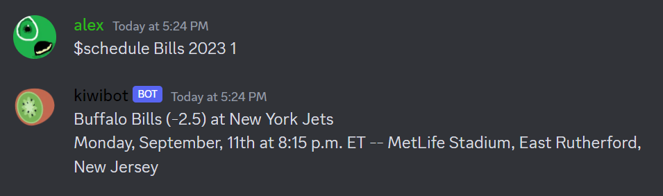 Kiwibot providing an NFL game from the schedule command